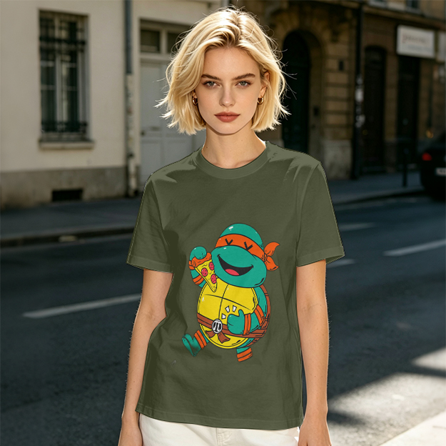 Olive T-shirt with cartoon ninja turtle holding pizza graphic