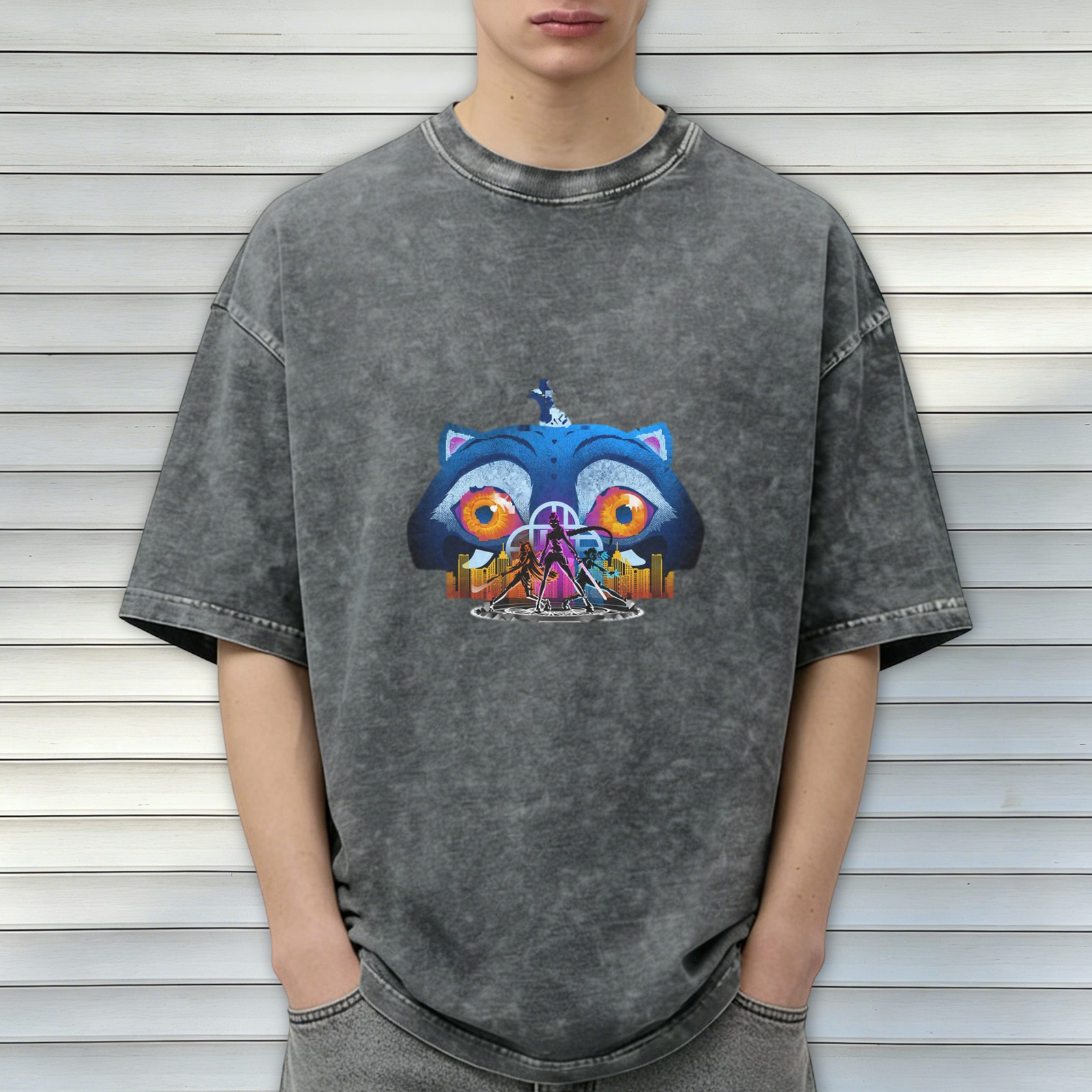 Washed black graphic t-shirt with stylized cat and city design