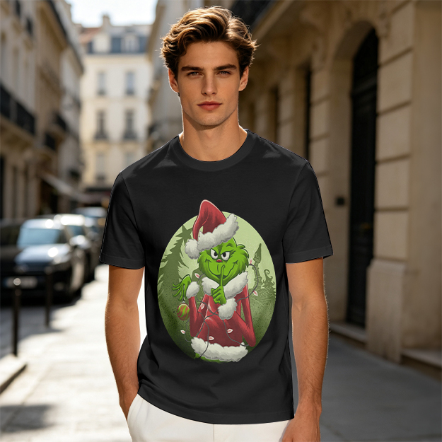 Olive Green T-Shirt Featuring The Grinch In Santa Costume