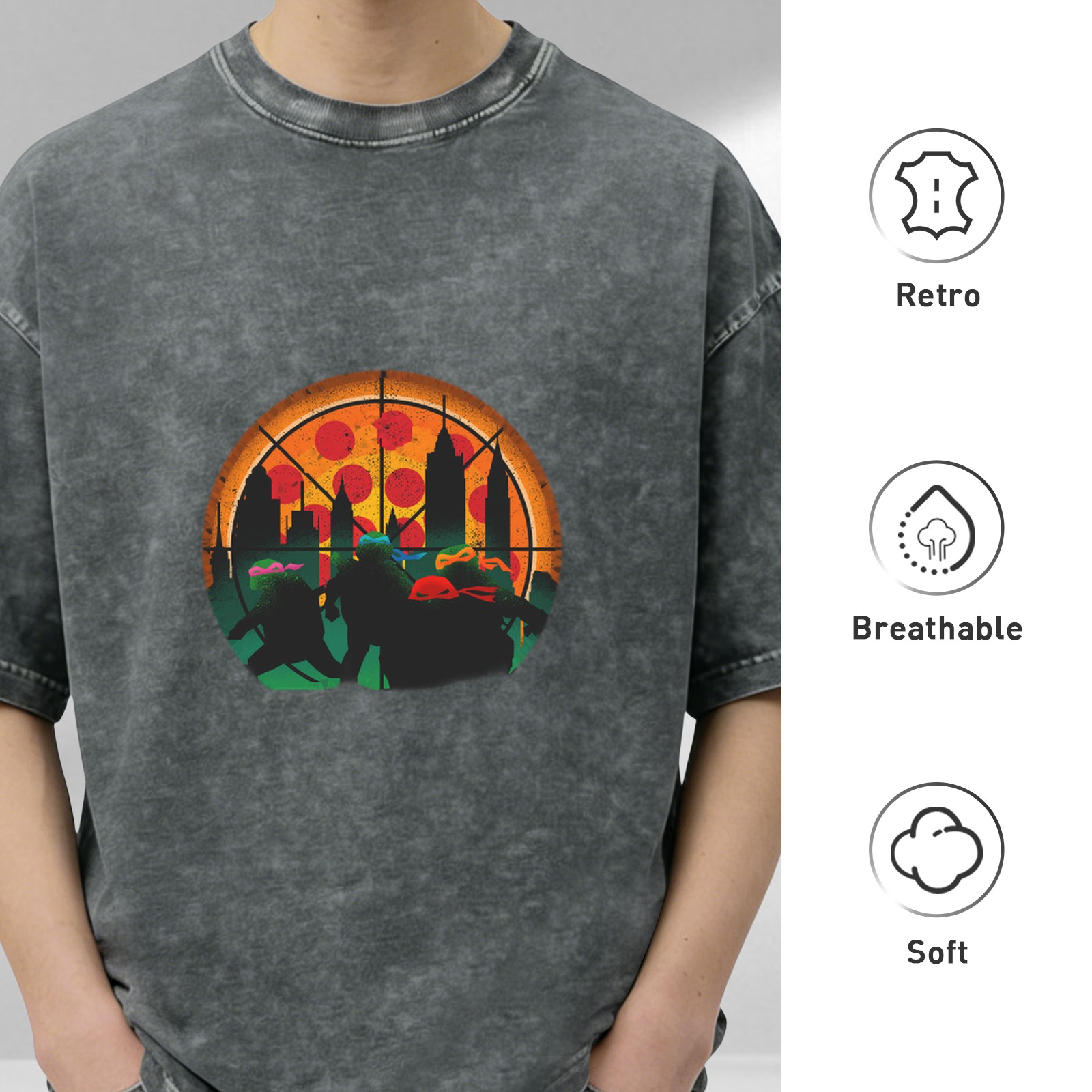 Teenage Mutant Ninja Turtles Pizza City Silhouette Acid Wash T-Shirt