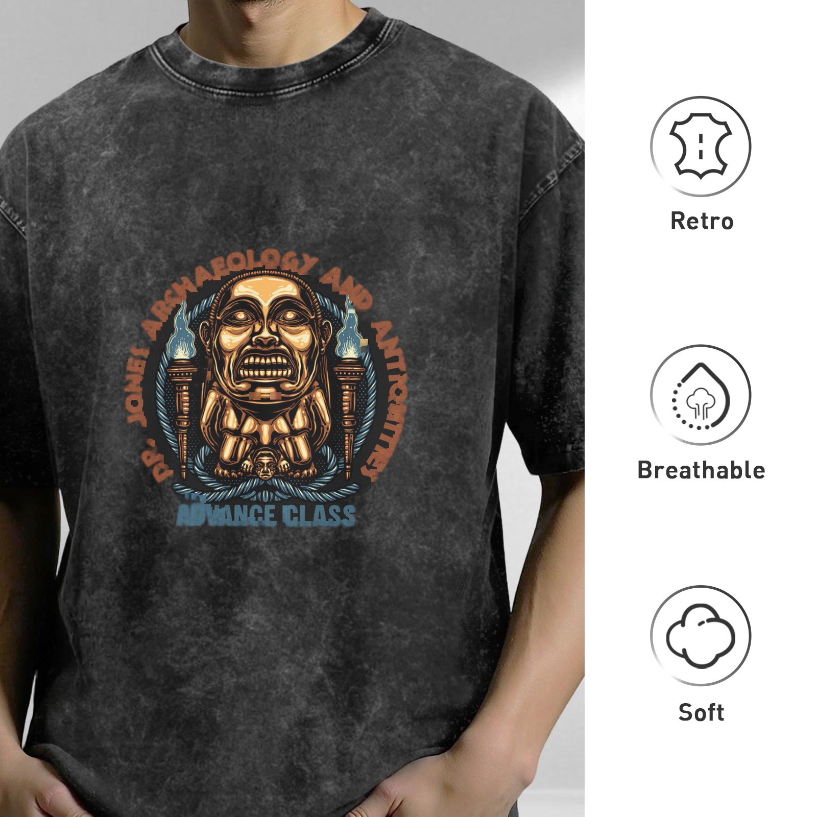 Washed Black T-Shirt with Ancient Idol Archaeology Graphic