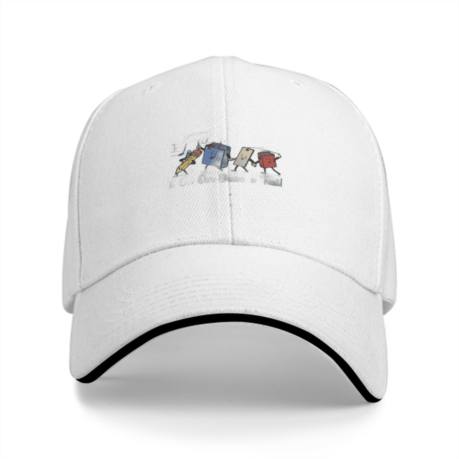 Black baseball cap with cartoon trash can character print