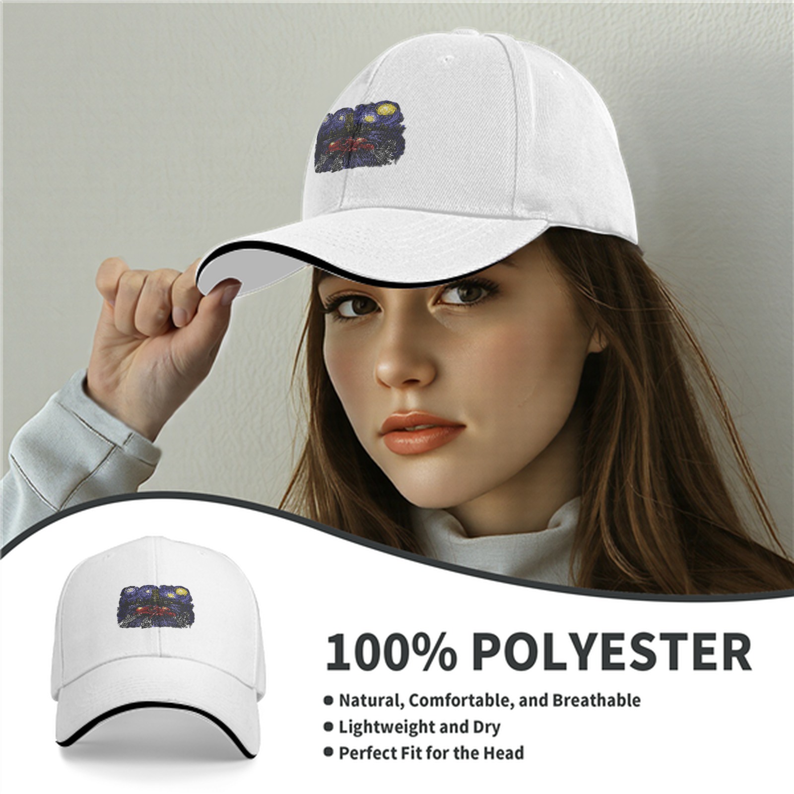 Black Baseball Cap With Starry Night Inspired Art Print