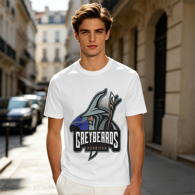 Olive t-shirt with Greybeards Hobbiton wizard graphic