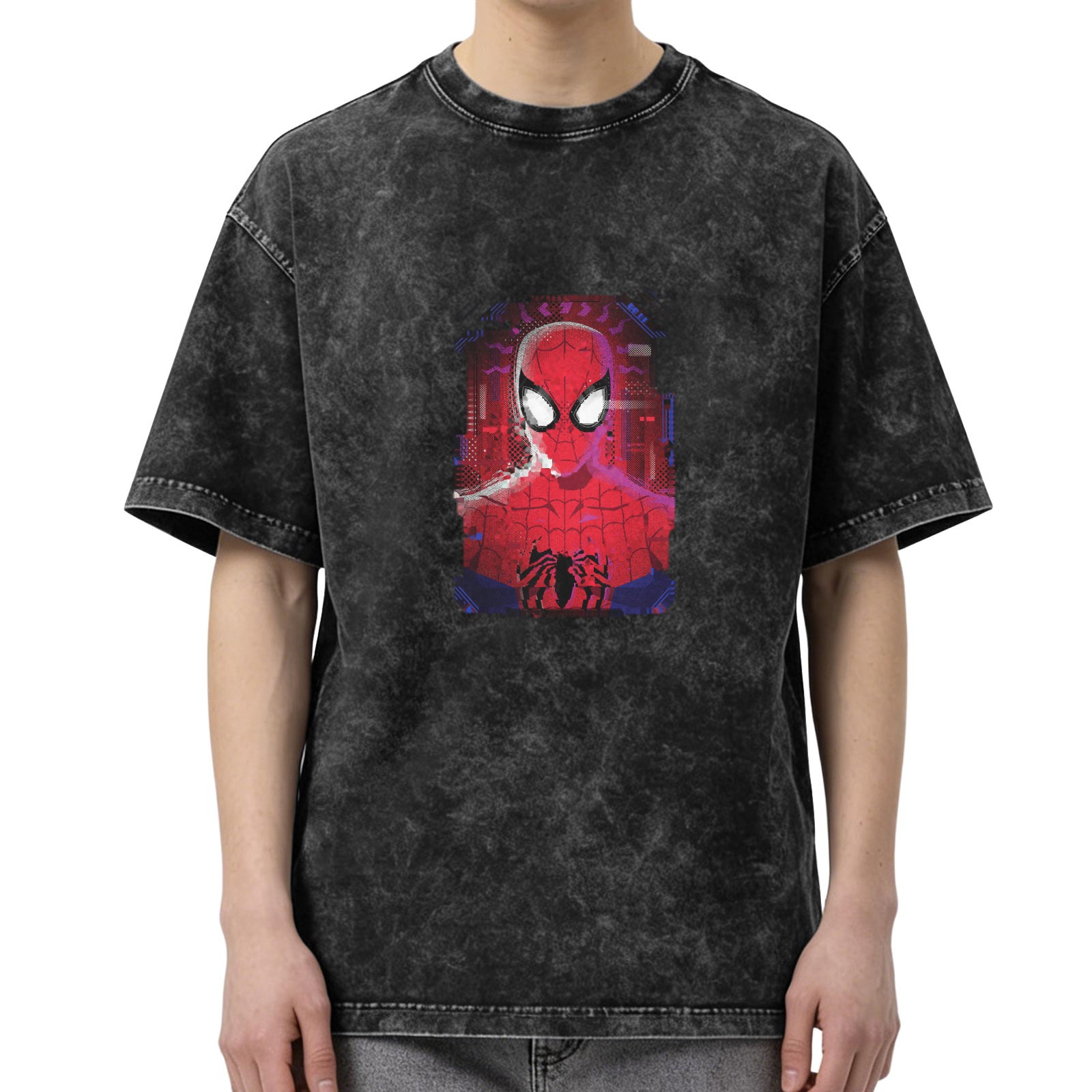 Washed Black Oversized T-Shirt with Spider-Man Graphic