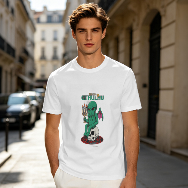 Olive Green Cthulhu Graphic T-Shirt with Skull and Candles