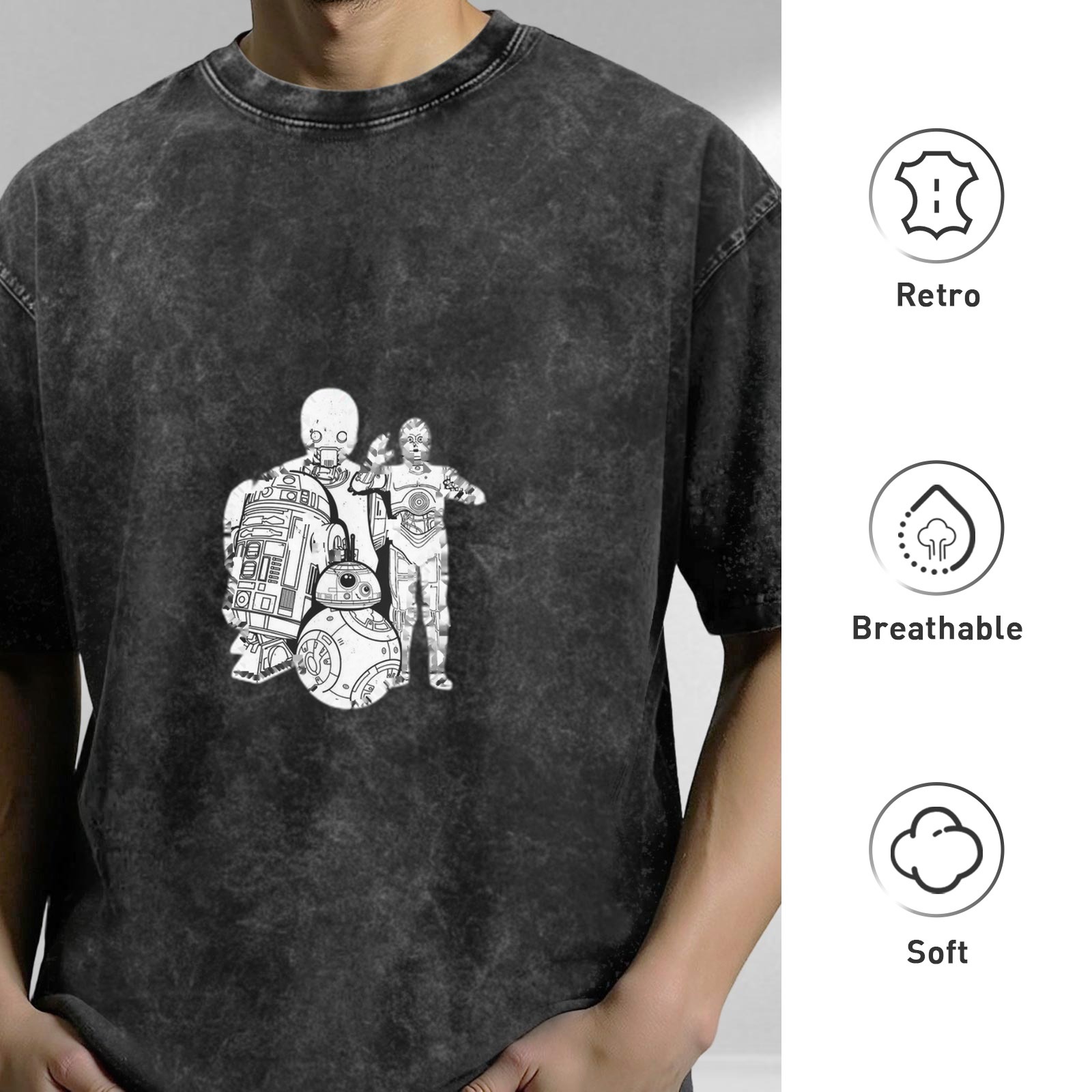 Star Wars Droids Graphic Black Acid Wash Oversized T-Shirt
