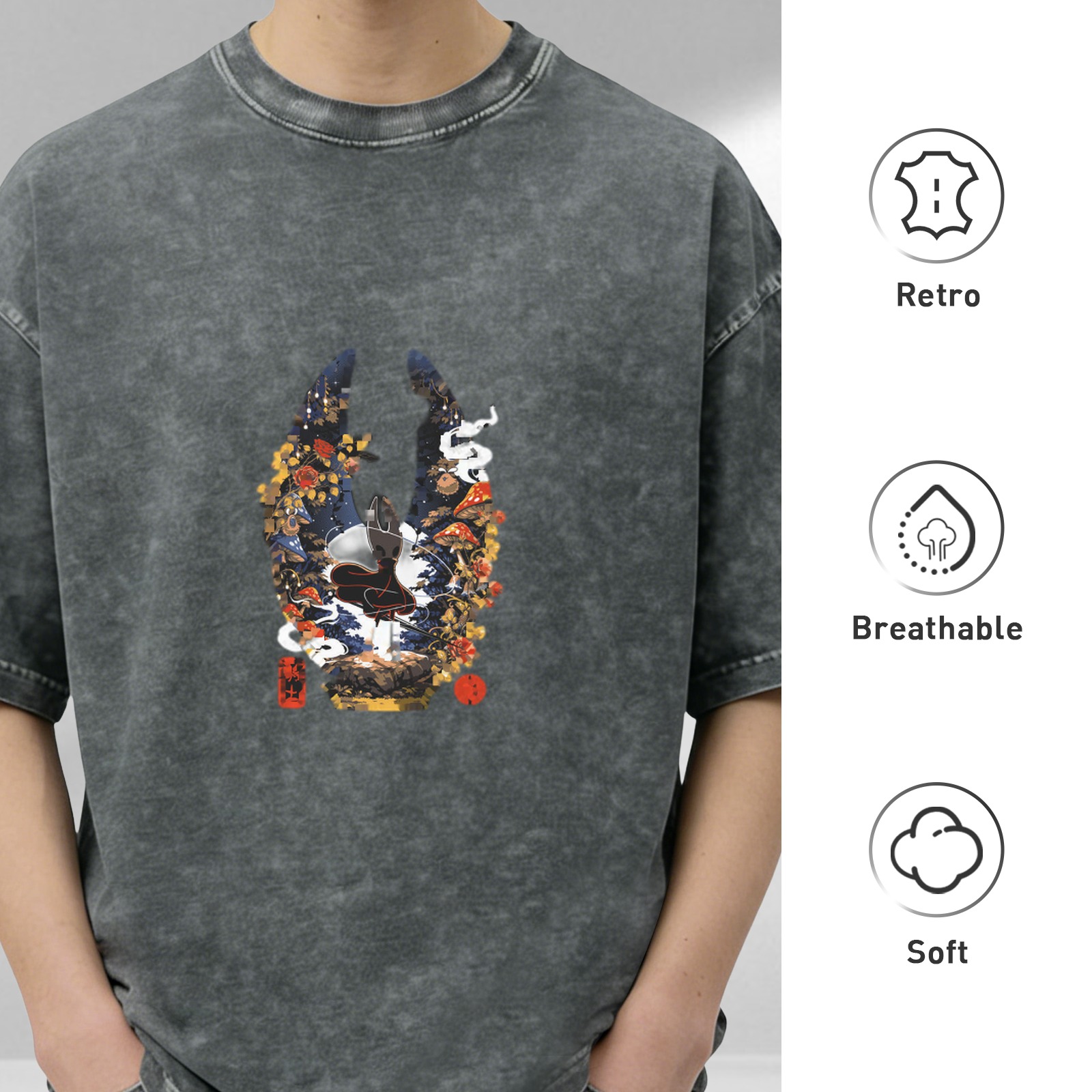 Washed black graphic t-shirt with fantasy mushroom and insect warrior design