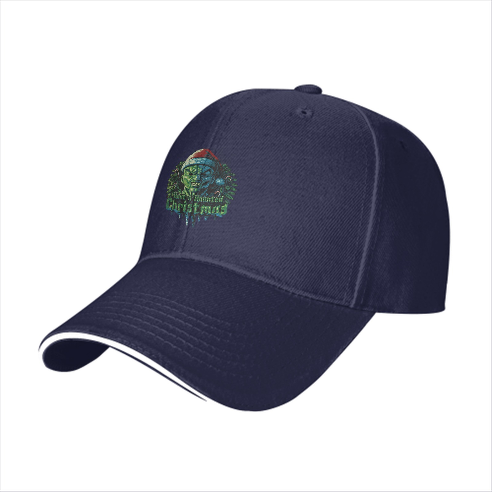 Black Baseball Cap With Haunted Christmas Monster Santa Design