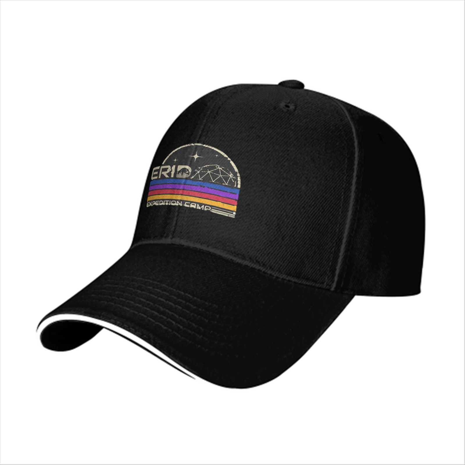 Black baseball cap with retro Erid Expedition Camp graphic