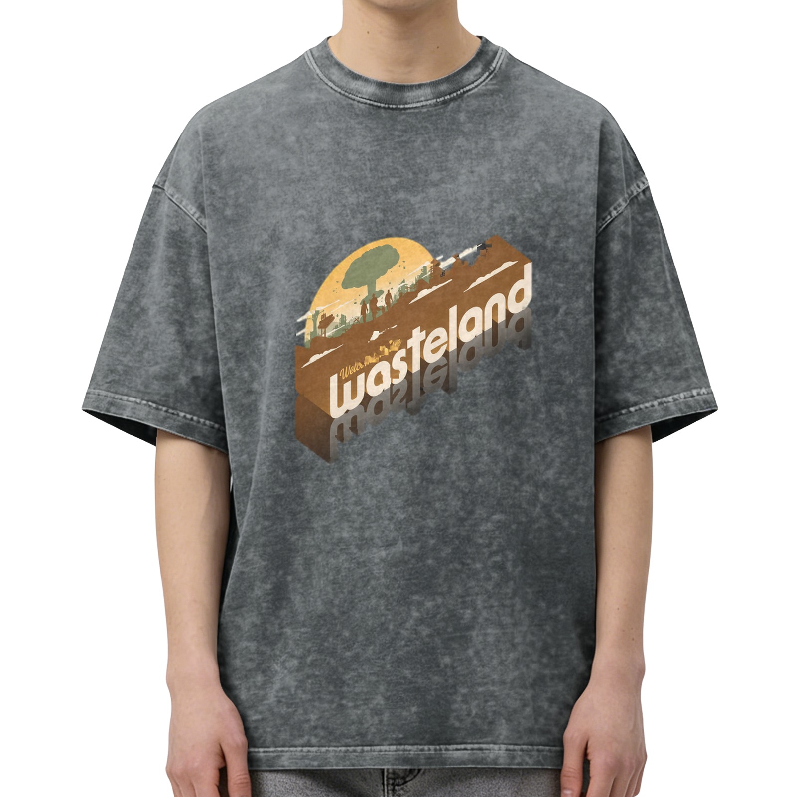 Oversized Acid Wash T-Shirt with Wasteland Graphic Print