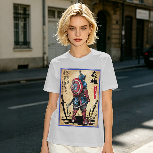Olive T-shirt with Samurai Captain America Hero Art Print