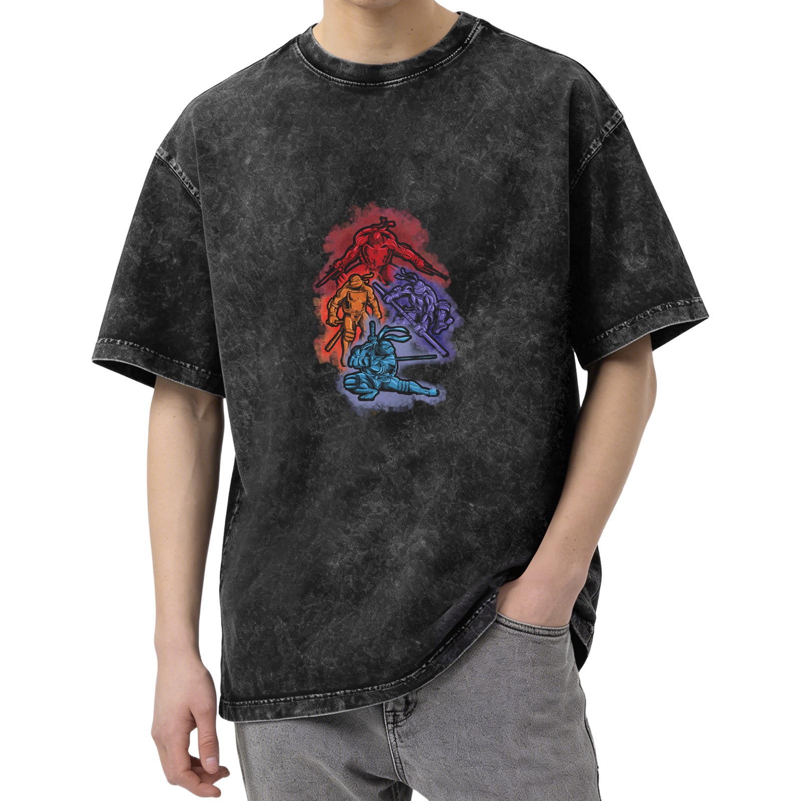Washed Black Oversized T-Shirt With Ninja Turtle Graphic Print