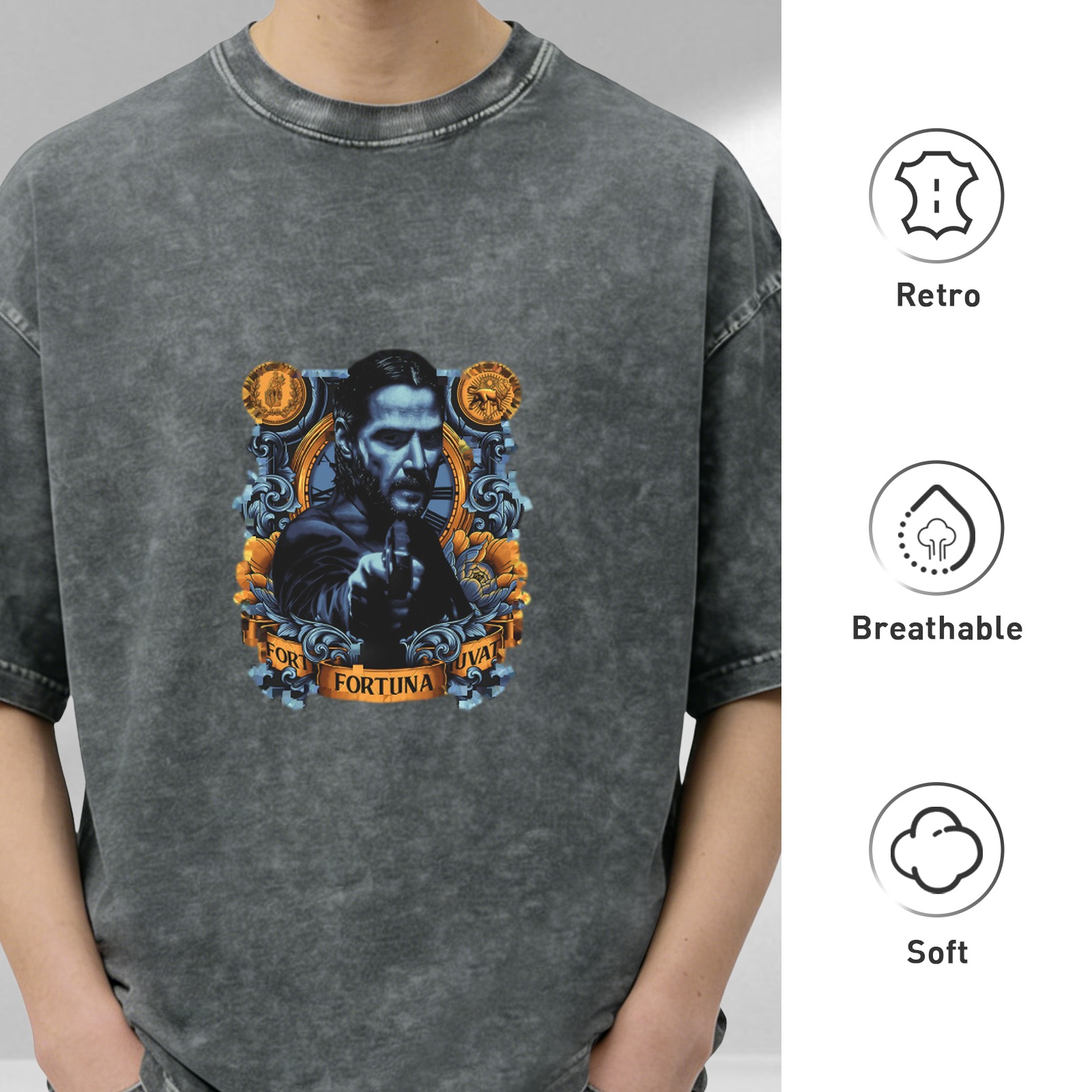 Washed Black T-Shirt With Fortuna Themed Portrait Print
