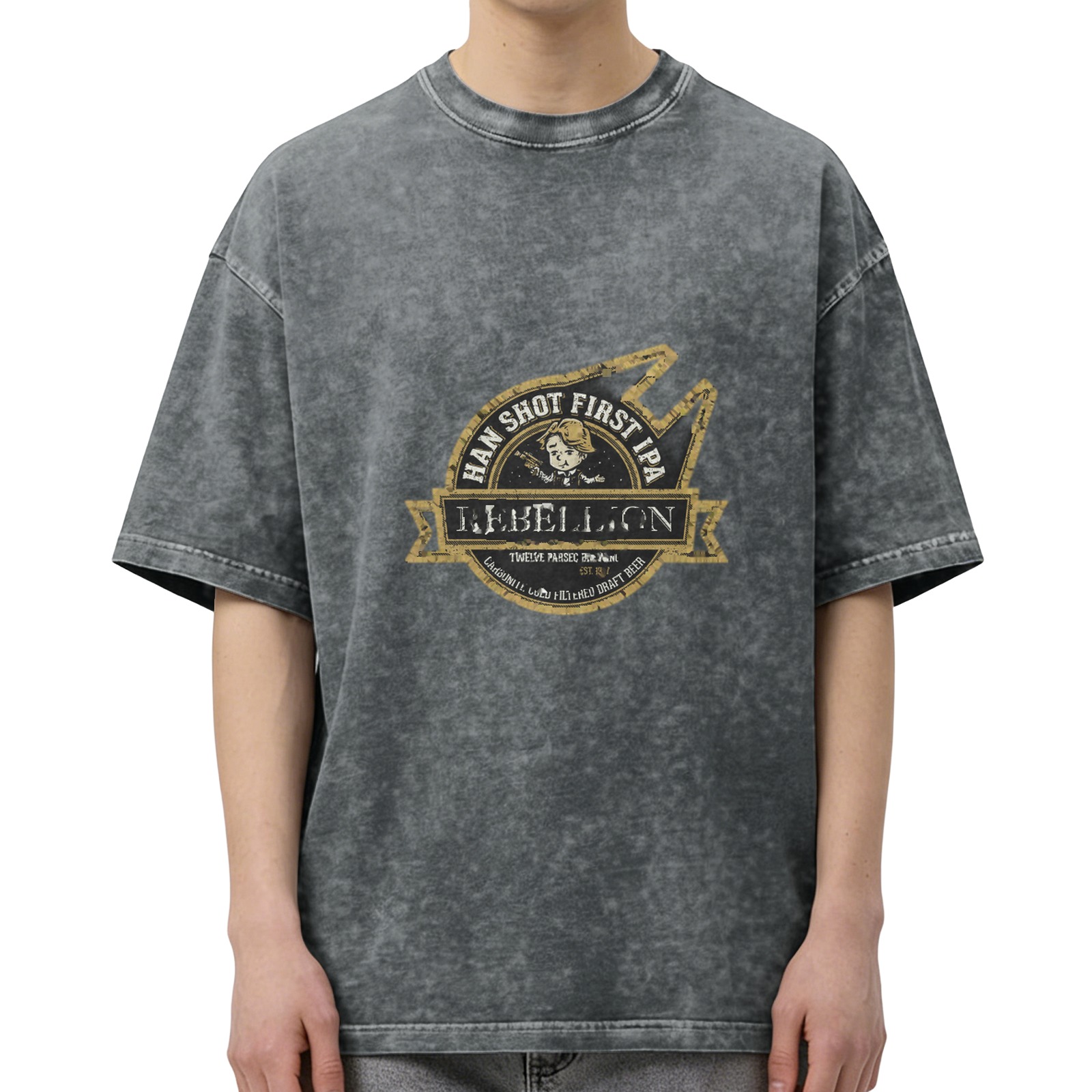 Distressed washed black round neck short-sleeved T-shirt Star Wars themed fun printed casual top