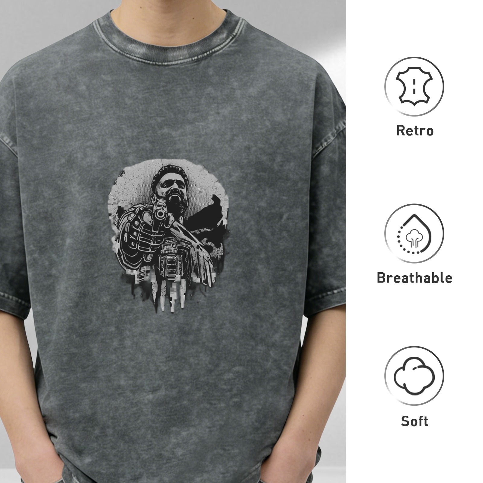 Washed Black Graphic T-Shirt With Bearded Warrior Skull Print