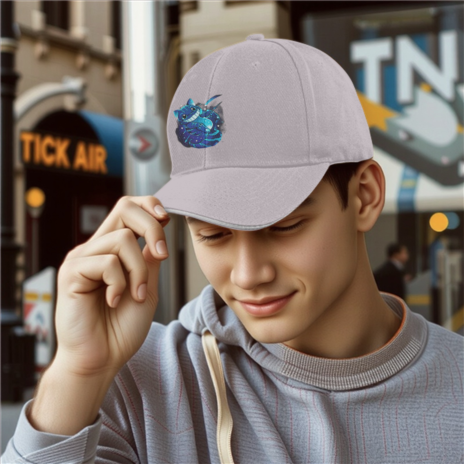 Black baseball cap with glowing Cheshire cat space graphic