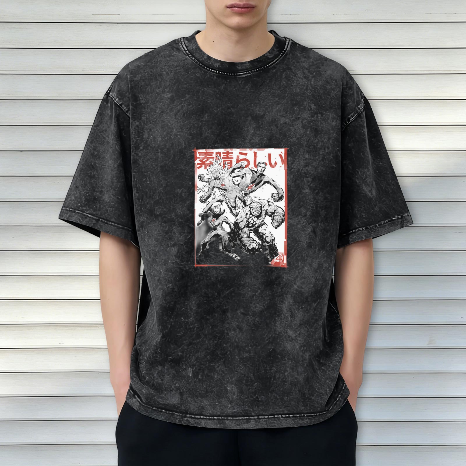 Oversized faded graphic t-shirt with manga-style superhero artwork