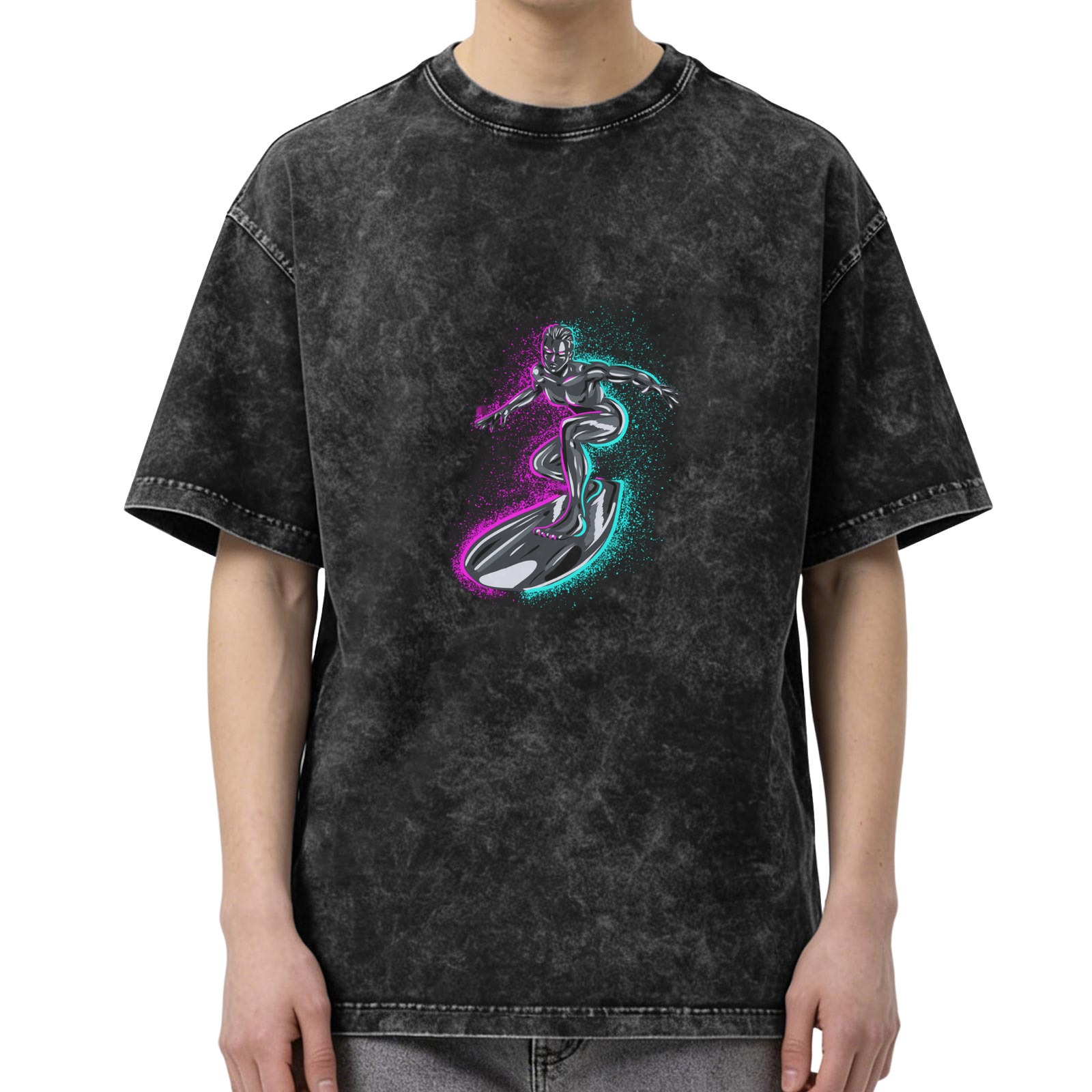 Oversized Acid Wash T-Shirt With Neon Surfer Graphic