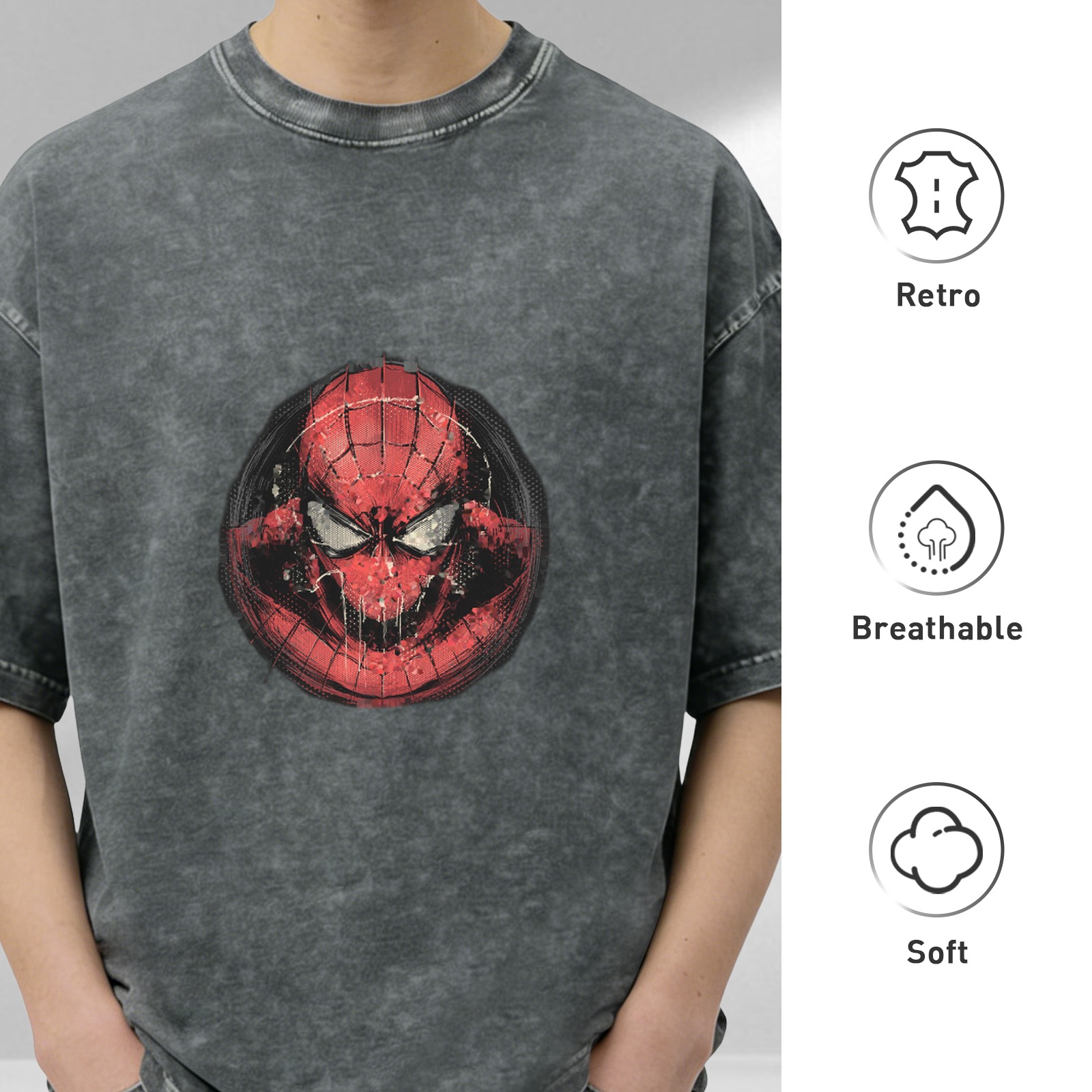 Washed Black Oversized T-Shirt with Distressed Spider-Man Mask Graphic
