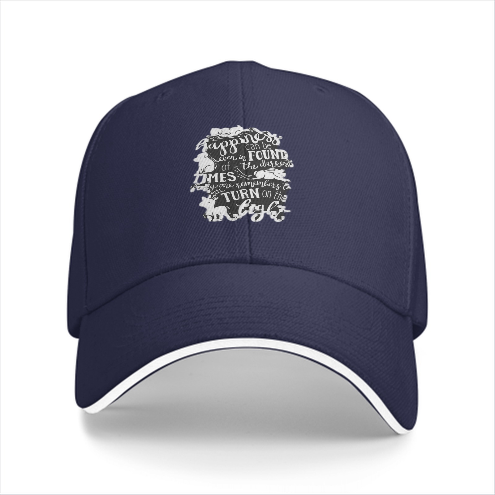 Black baseball cap with happiness quote and animal illustrations