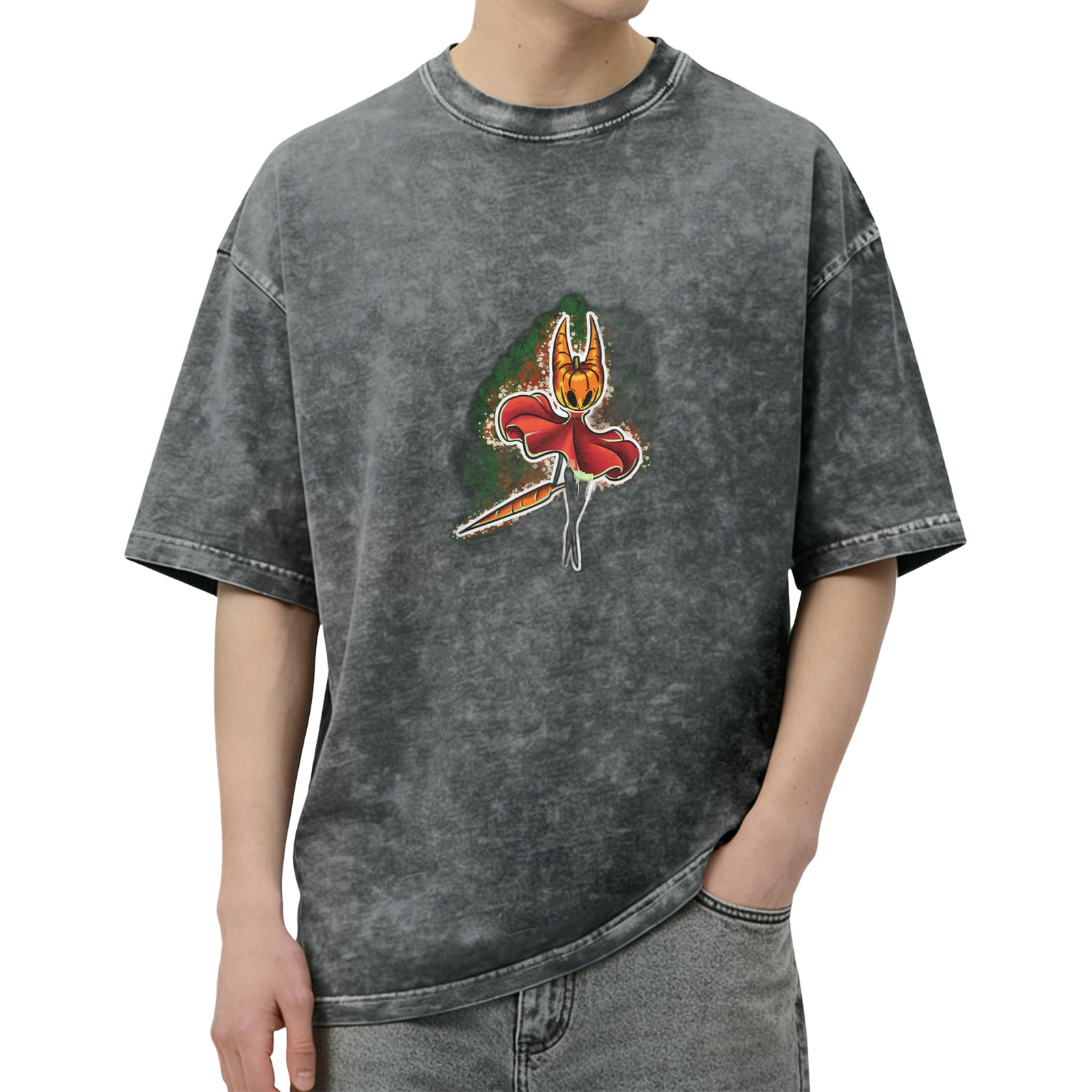 Washed Black T-Shirt with Pumpkin Horned Character Graphic
