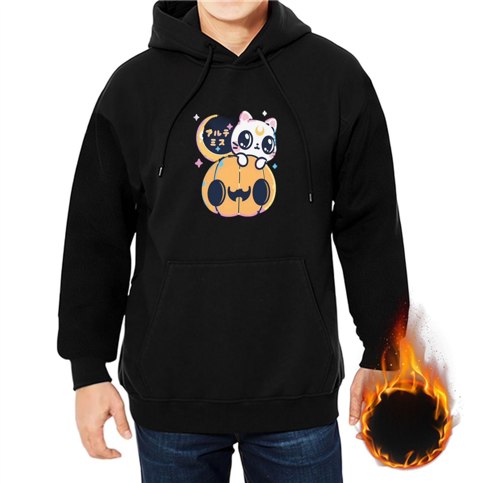 Black hoodie with cute cat and jack-o'-lantern graphic