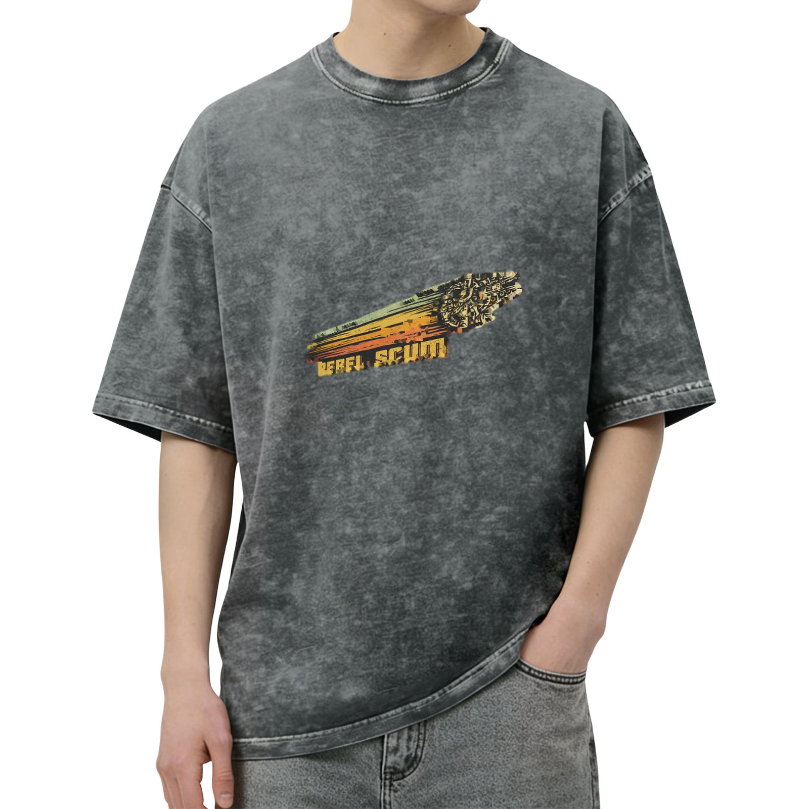 Distressed washed black short-sleeved T-shirt Star Wars themed pattern Rebel Scum Millennium Falcon print loose fit
