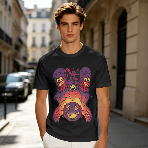 Olive T-Shirt With Halloween Three-Headed Witch And Jack-O'-Lantern Print