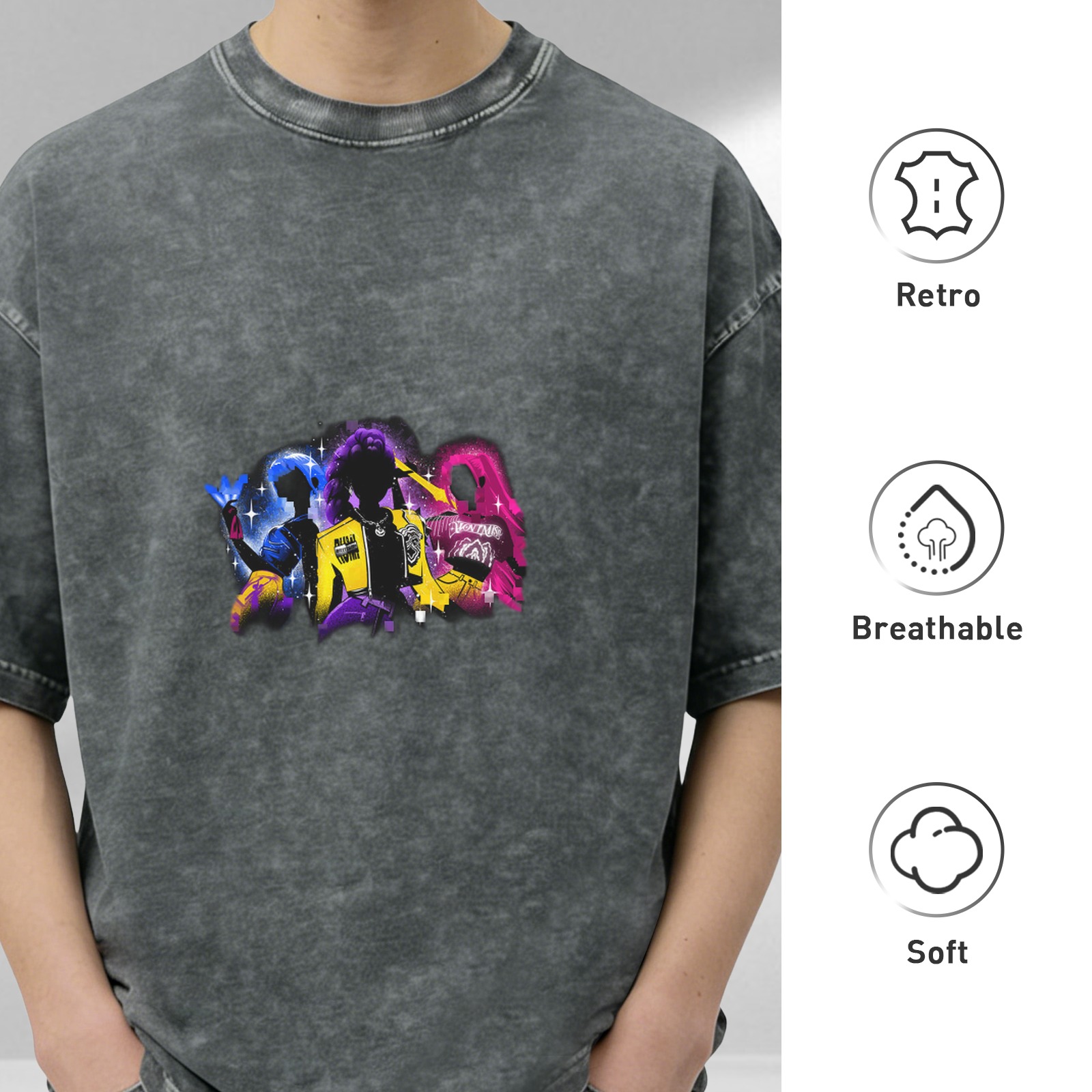 Oversized Acid Wash T-Shirt With Neon Anime Character Silhouette Graphic