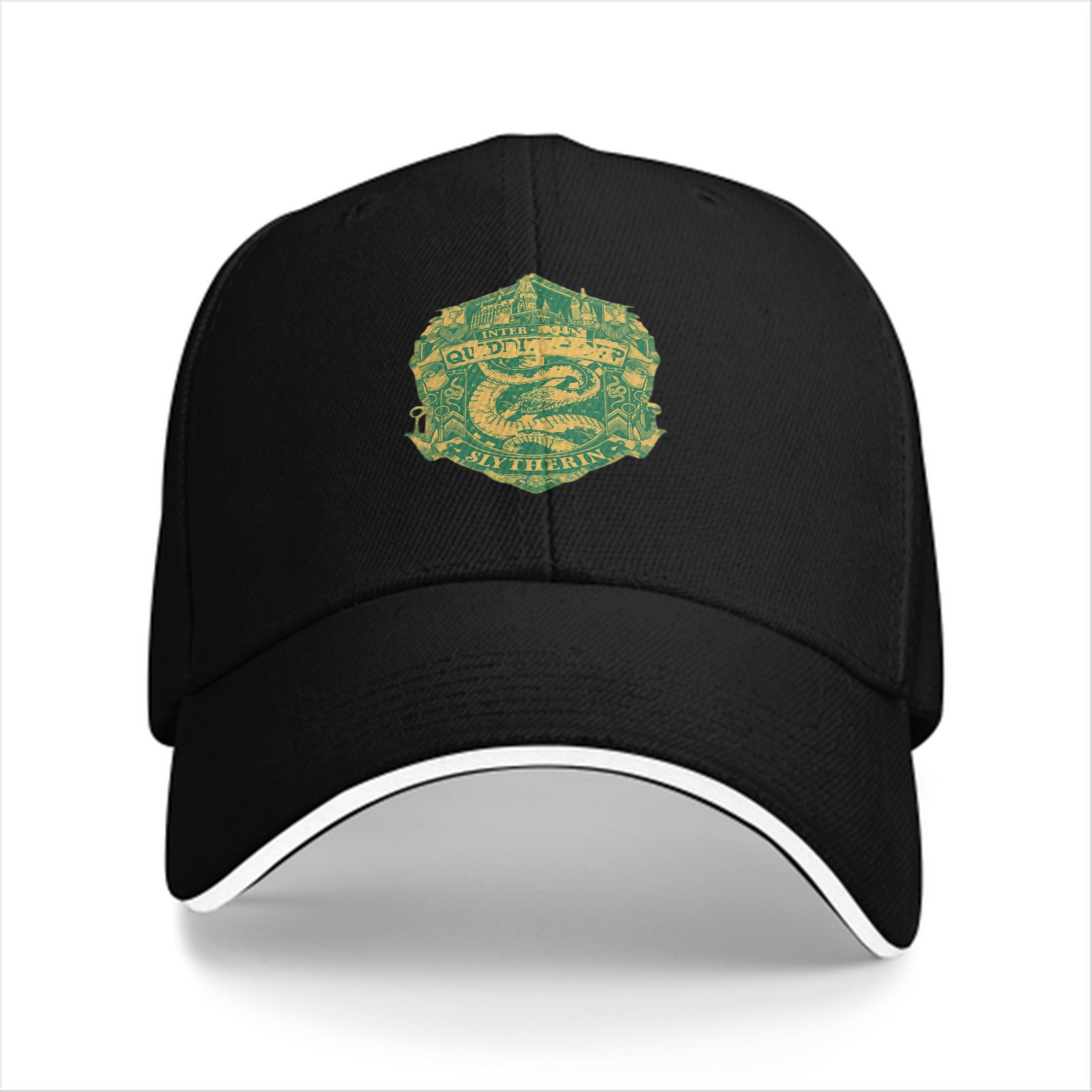 Black baseball cap with Slytherin Quidditch crest design