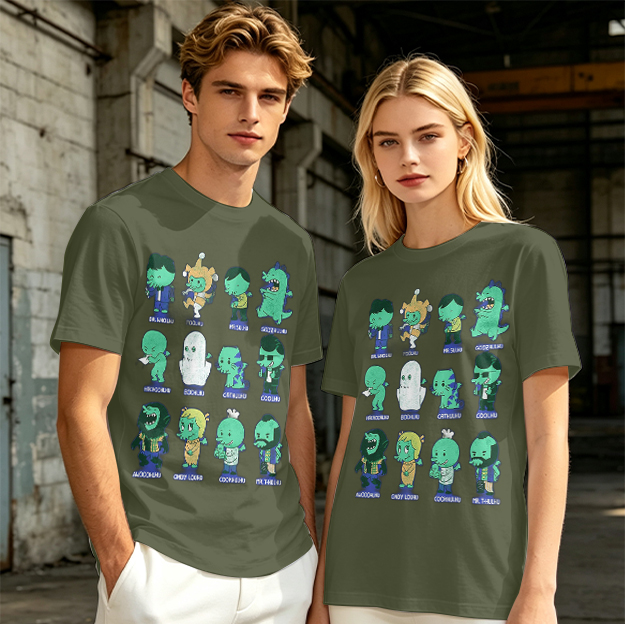 Olive Green T-Shirt With Cute Green Alien Character Print
