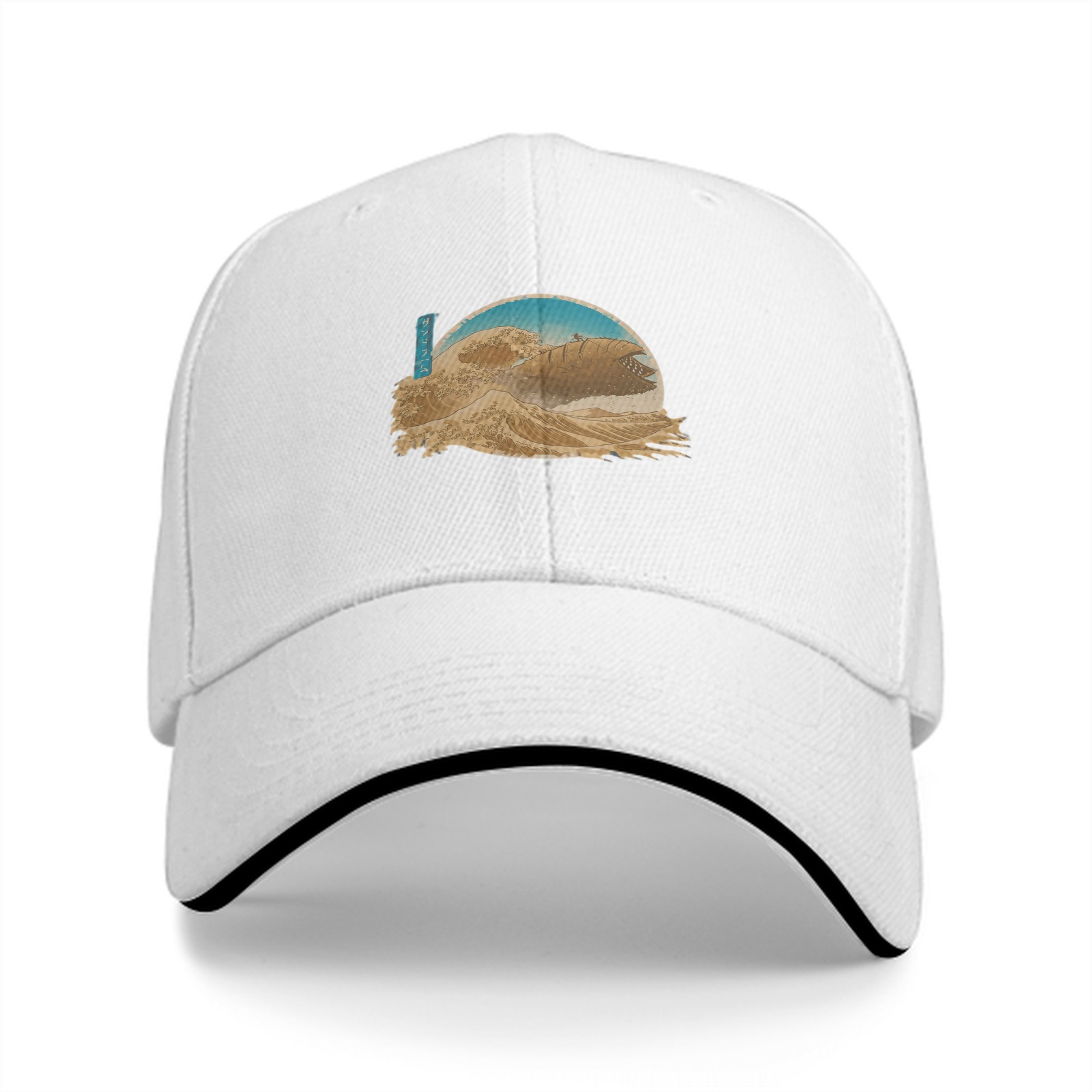Black Baseball Cap with Japanese Wave Art Print