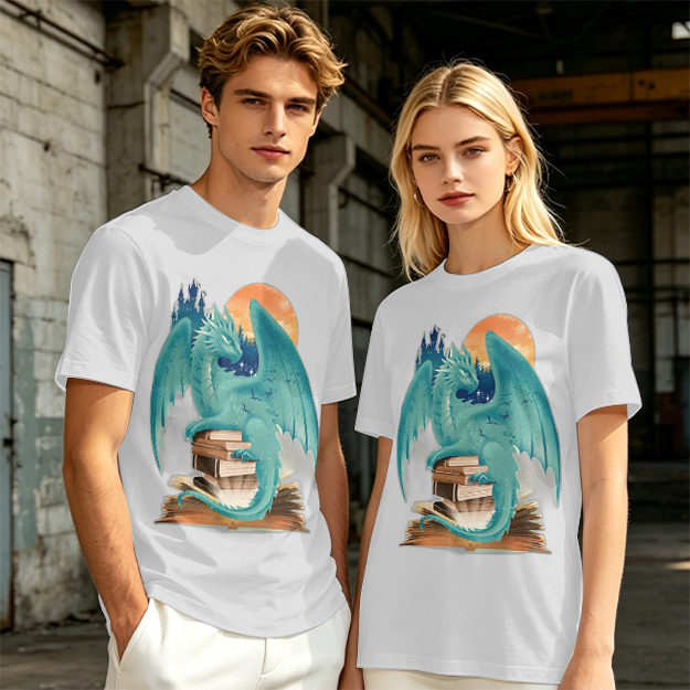 Teal Dragon Perched on Stacked Books Fantasy Graphic T-Shirt