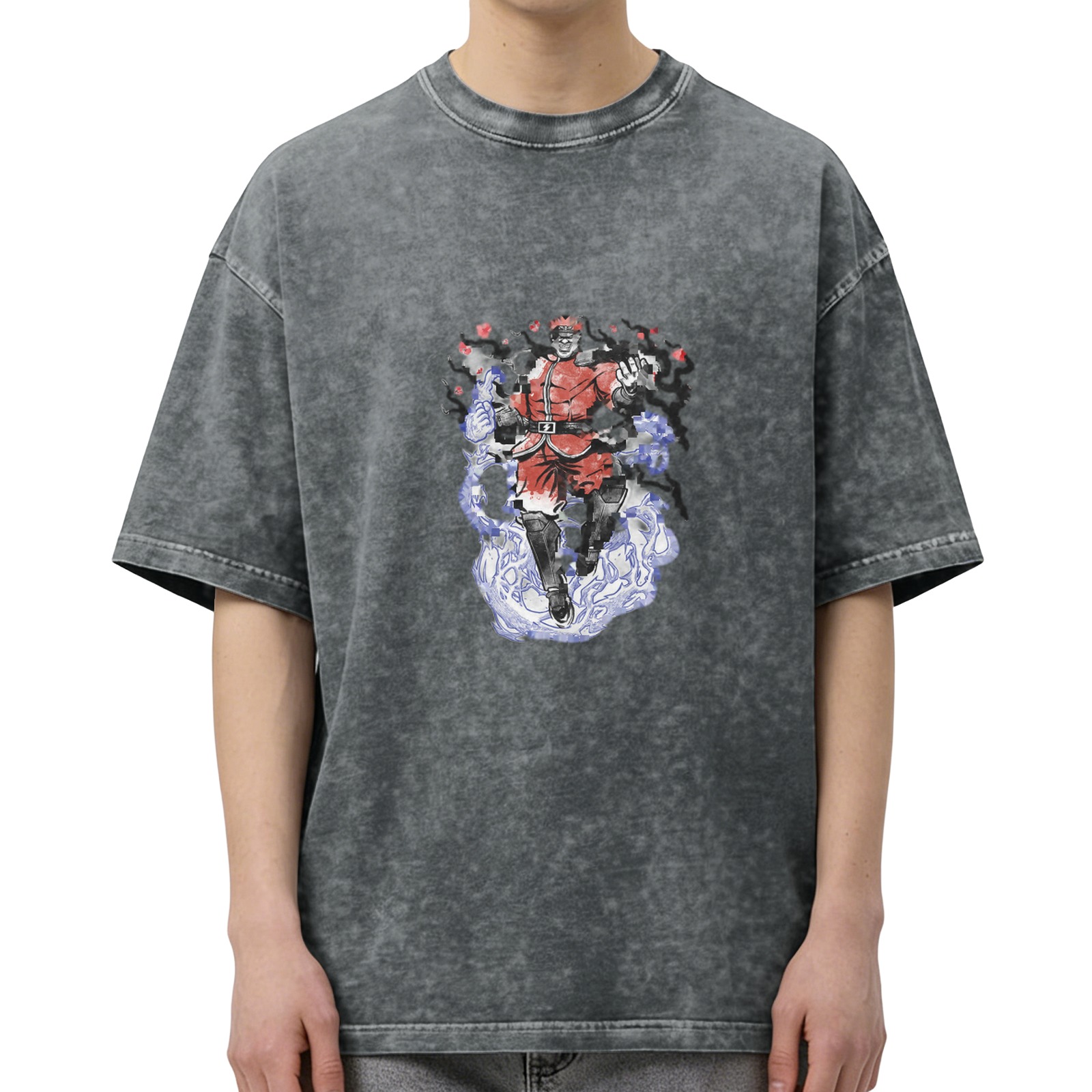 Oversized faded black t-shirt with anime villain graphic print