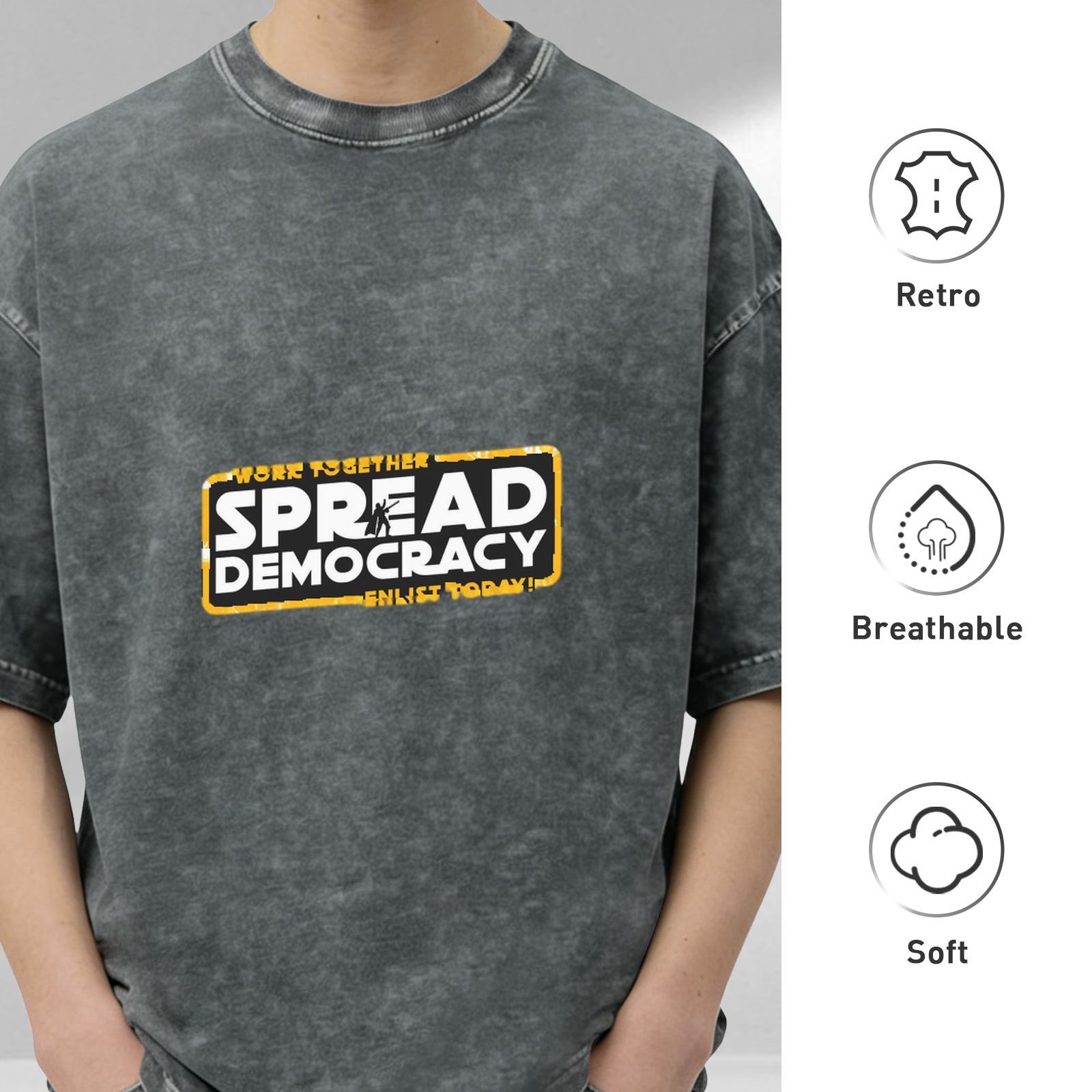 Oversized Acid Wash Graphic T-Shirt with 'Spread Democracy' Star Wars Parody Print