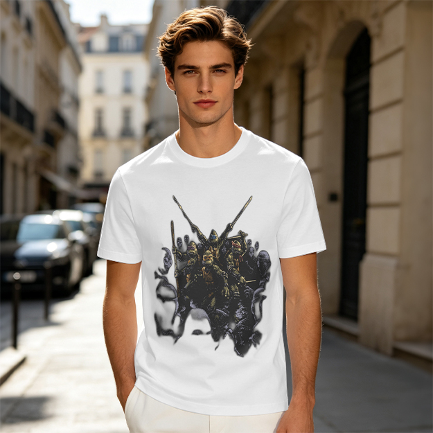 Olive T-Shirt with Fantasy Warrior Group Graphic Print