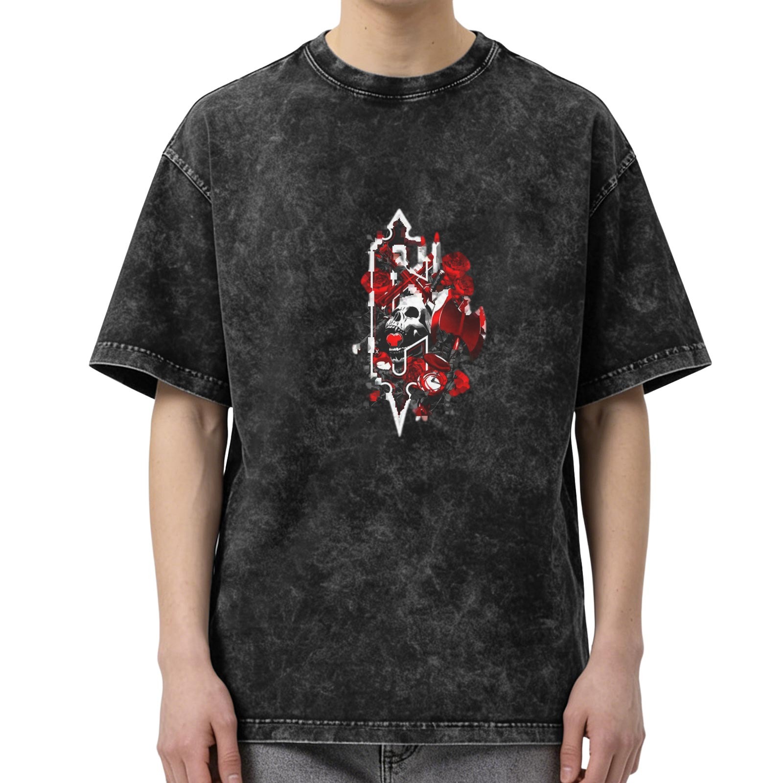 Oversized Acid Wash T-Shirt With Gothic Skull Rose Graphic