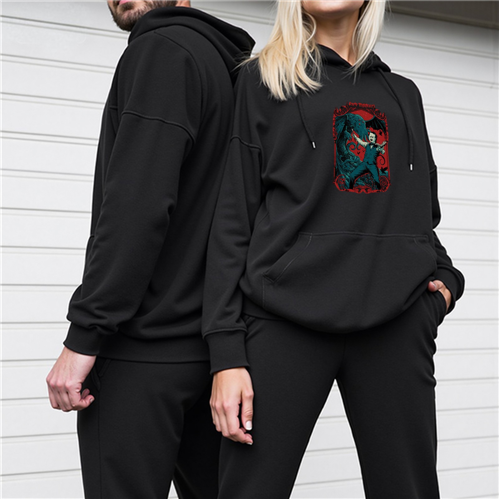 Black Hoodie with Cthulhu Horror Art Print