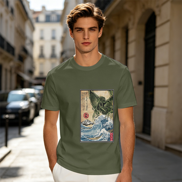 Olive T-shirt with Japanese ukiyo-e style Cthulhu wave print