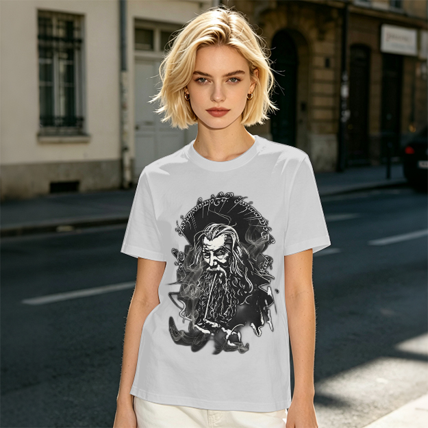 Olive T-Shirt with Wizard Smoking Pipe Fantasy Art Print