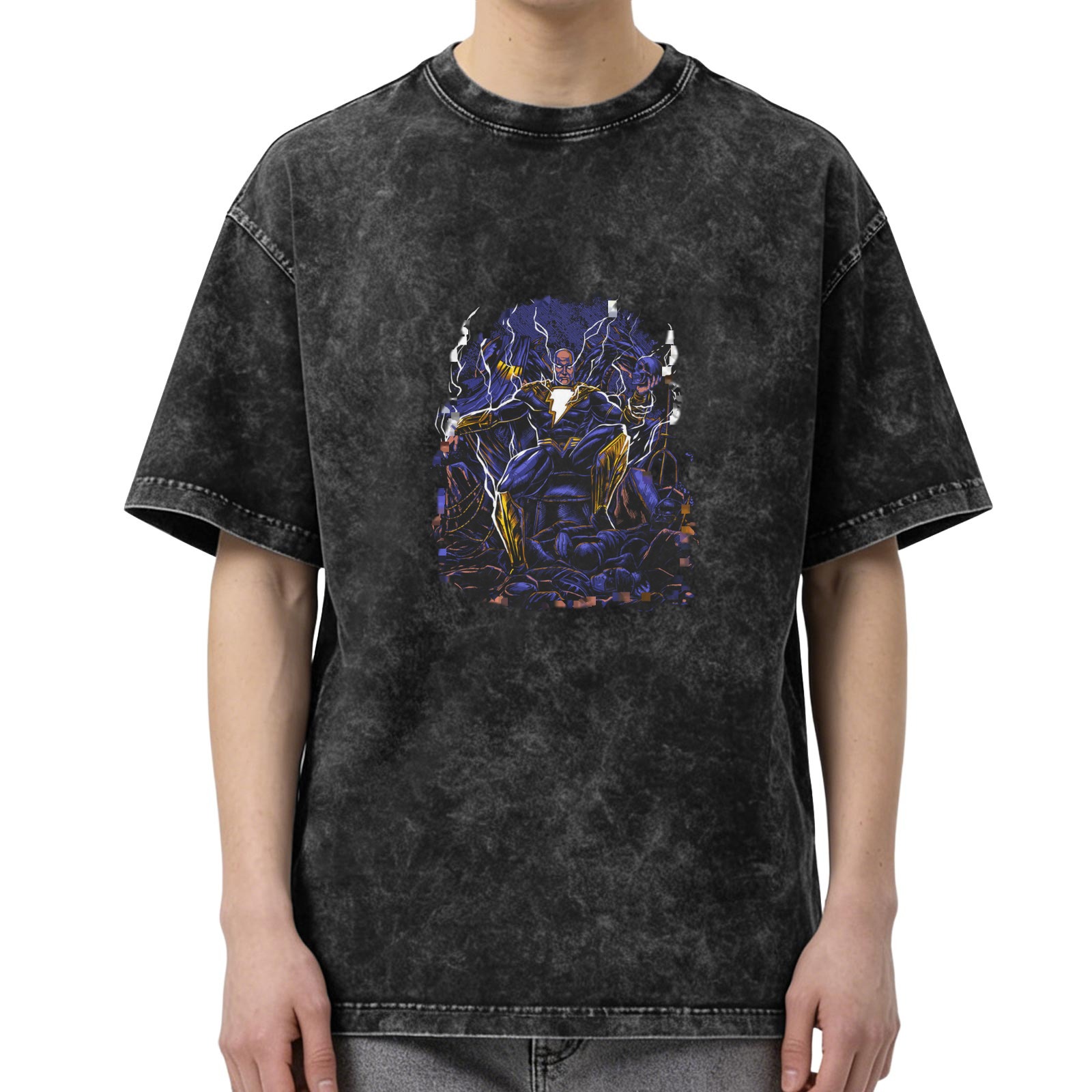 Oversized Dark Wash T-Shirt With Black Adam Lightning Artwork