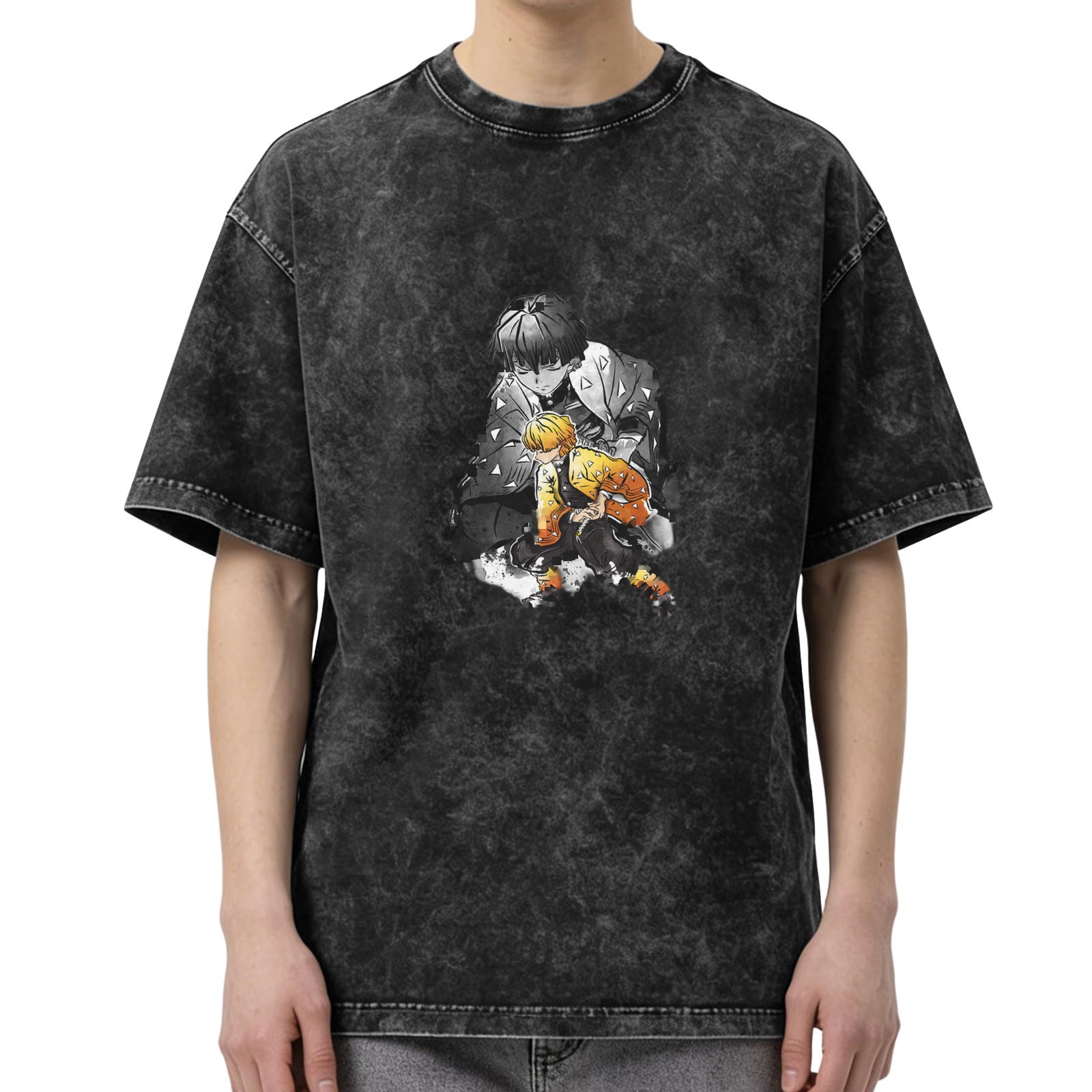 Oversized Acid Wash Anime Graphic T-Shirt with Demon Slayer Characters