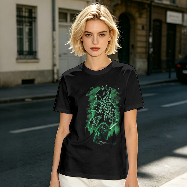 Olive Green T-Shirt With Neon Samurai Warrior Graphic