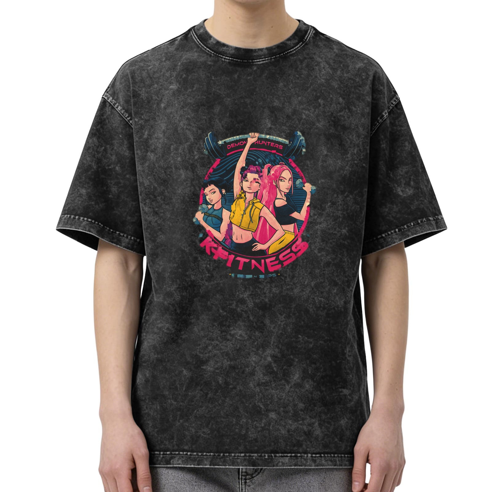 Washed Black Graphic T-Shirt with Anime Demon Hunters Fitness Design