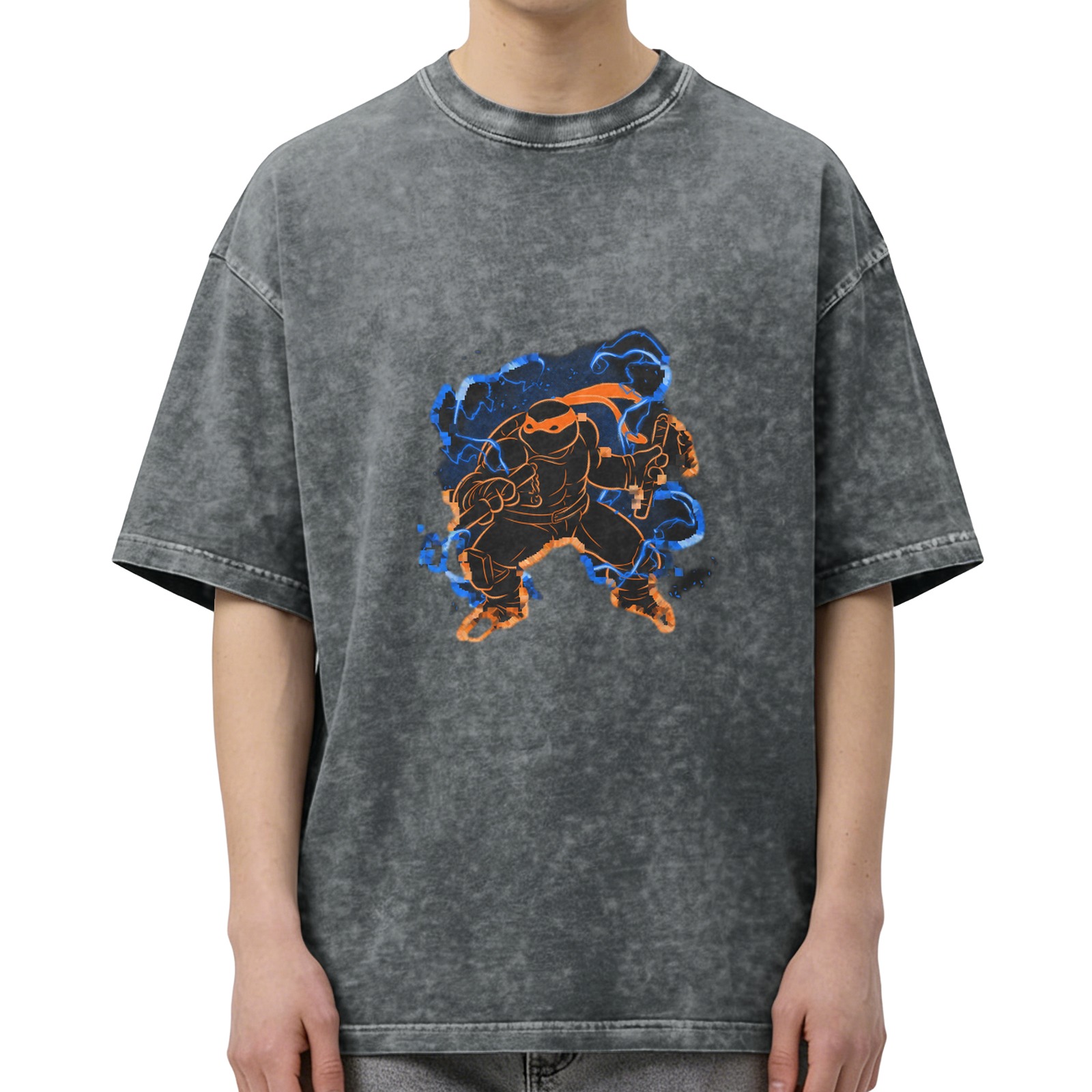 Oversized Dark Wash T-Shirt With Neon Ninja Turtle Graphic