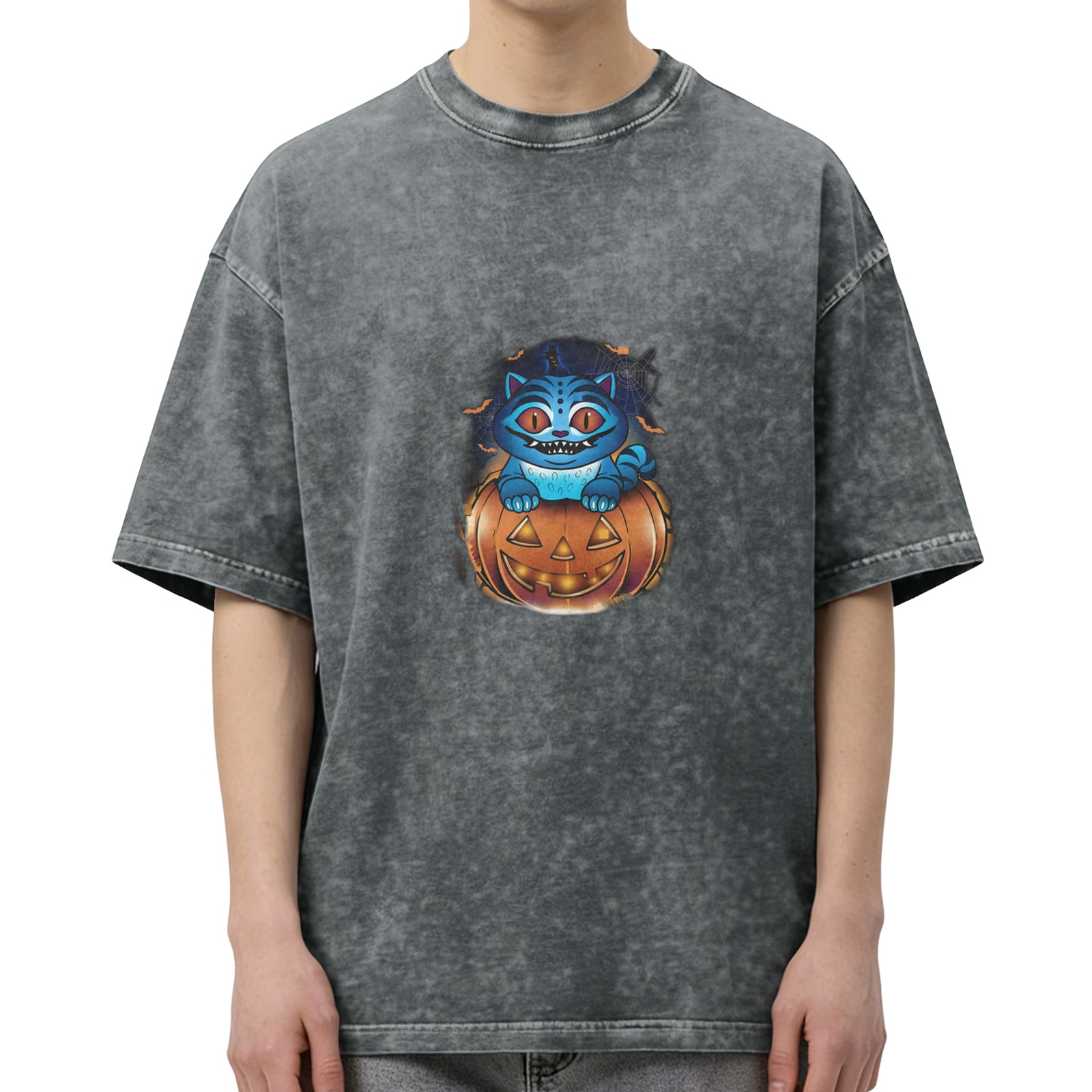 Oversized Dark Wash T-Shirt With Cheshire Cat Jack-O'-Lantern Graphic