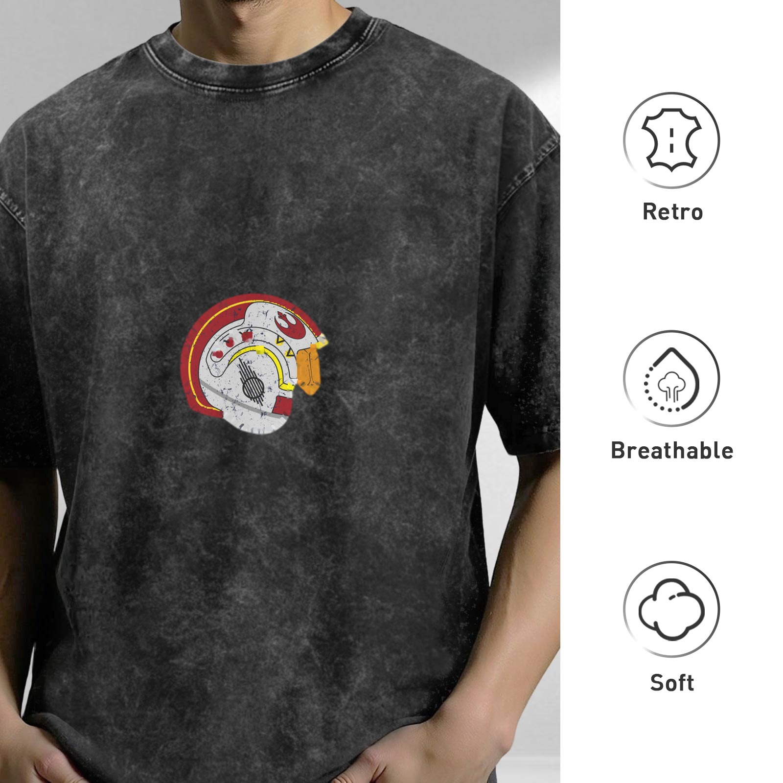 Oversized Dark Wash T-Shirt With Rebel Pilot Helmet Graphic
