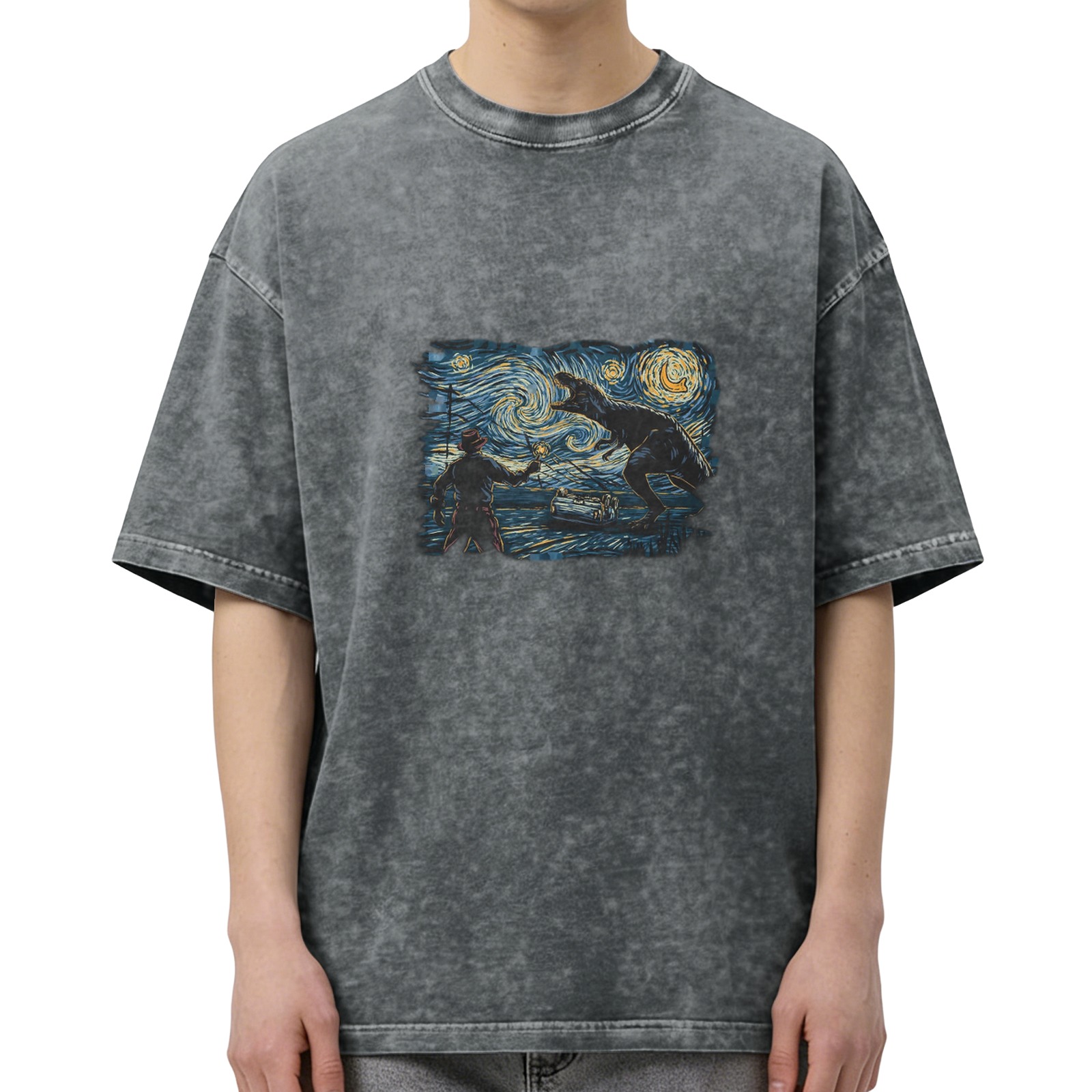 Retro washed black round neck short-sleeved T-shirt Van Gogh Starry Night style Tyrannosaurus Rex adventure printed distressed top