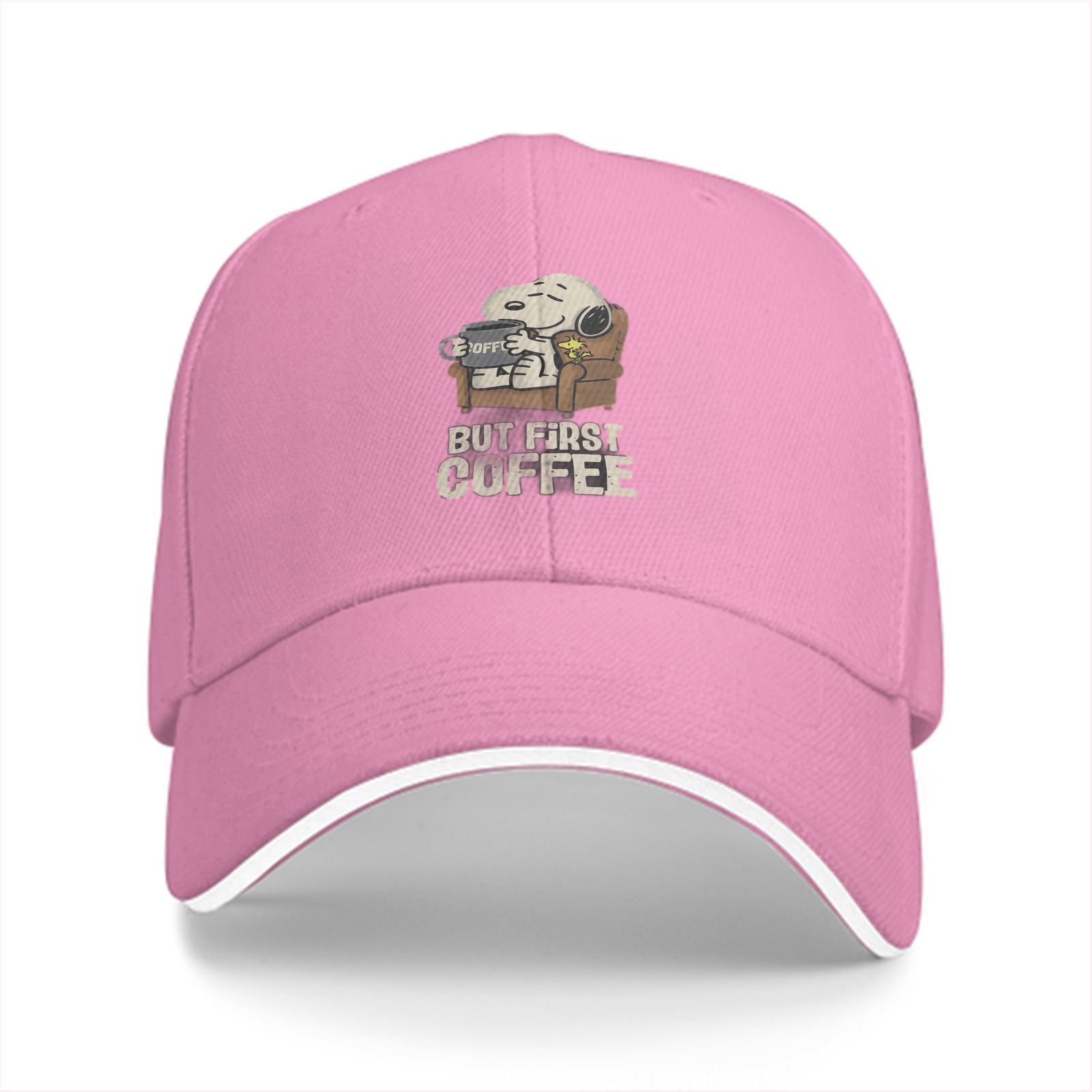 Black baseball cap with Snoopy 'But First Coffee' graphic